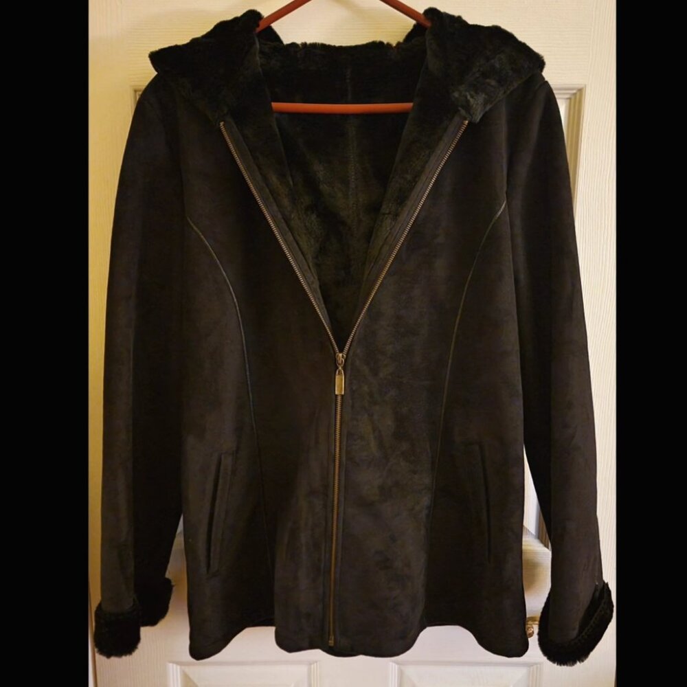 Marvin Richards Coat Faux Fur Lined Faux Suede with Hood (L)